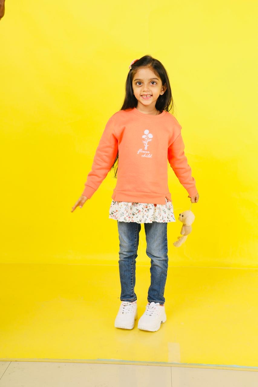 Kids' "Flower Child" Coral Sweatshirt with Floral Ruffle Hem