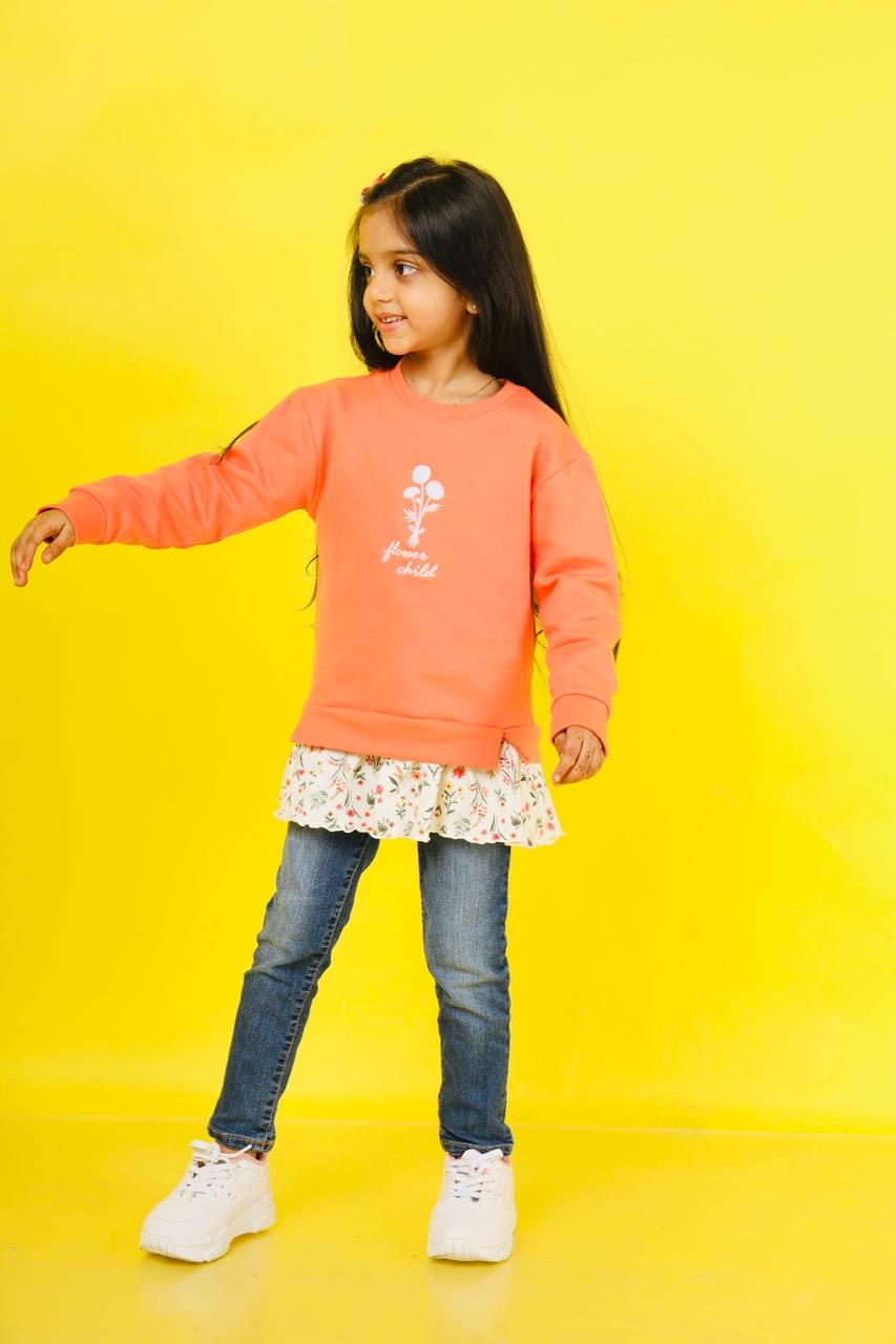 Kids' "Flower Child" Coral Sweatshirt with Floral Ruffle Hem