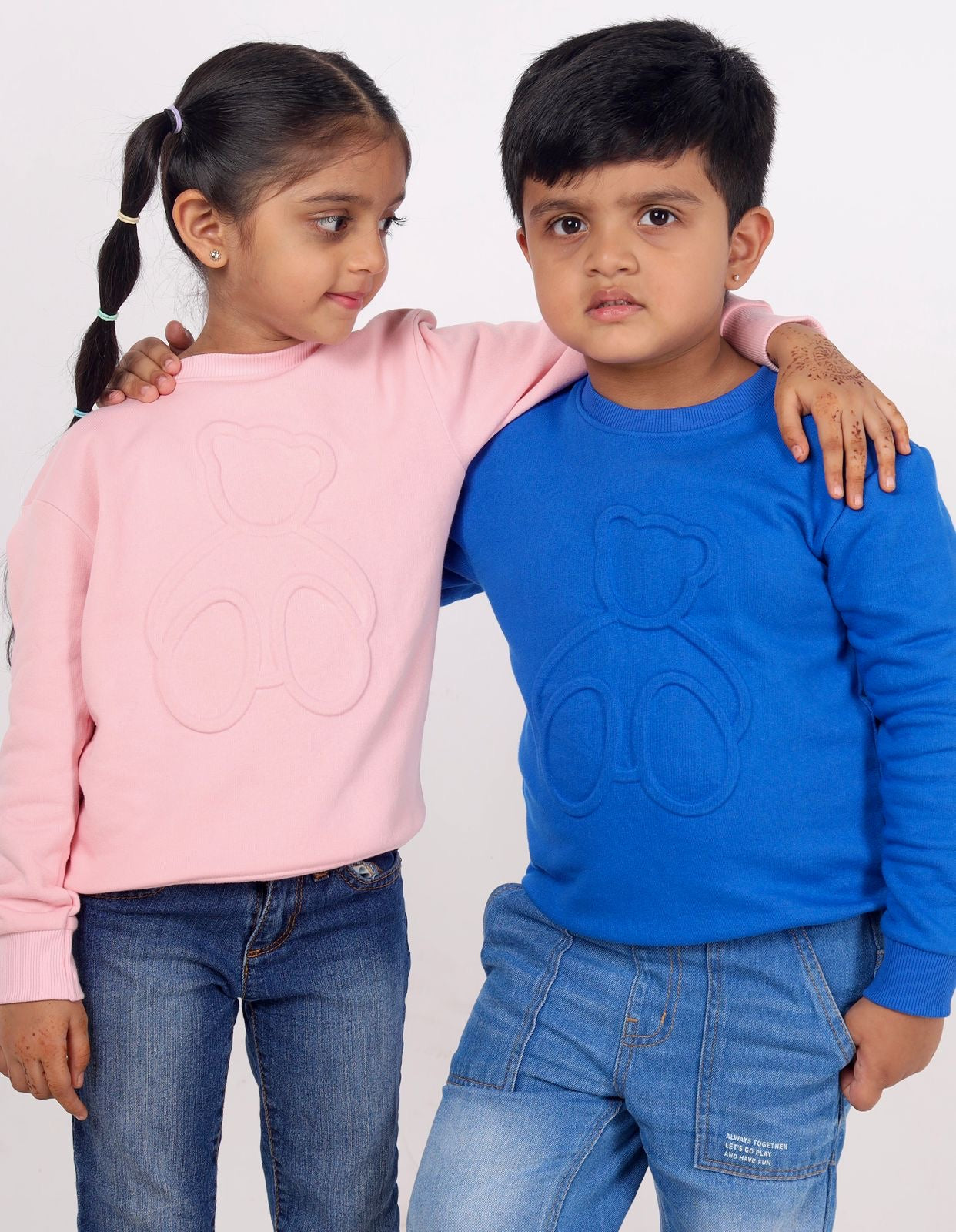 Kids' Teddy Embossed Sweatshirt Set – Pink & Blue