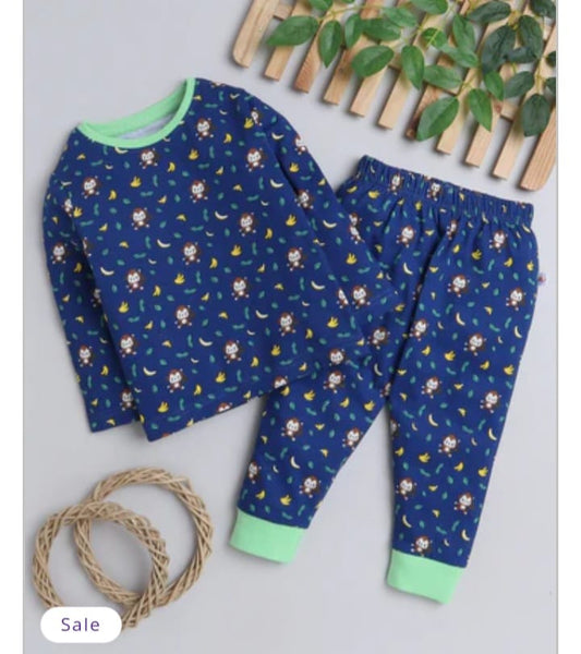 Navy & Green Boys Full Sleeves T-Shirt & Pyjama Set