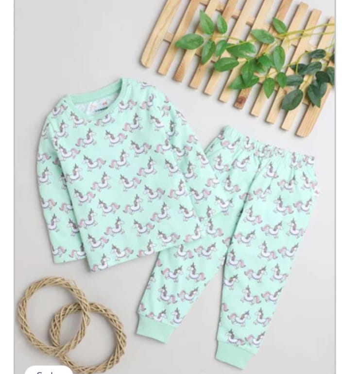 Mint Green Unicorn Print Kids Pajama Set