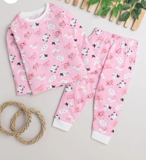 Pink & White Girls Full Sleeves T-Shirt & Pyjama Set