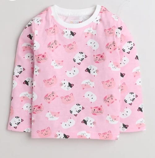 Pink & White Girls Full Sleeves T-Shirt & Pyjama Set