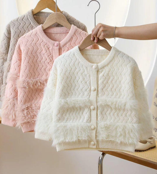 Cozy Chic Kids’ Knitted Cardigan with Faux Fur Accents