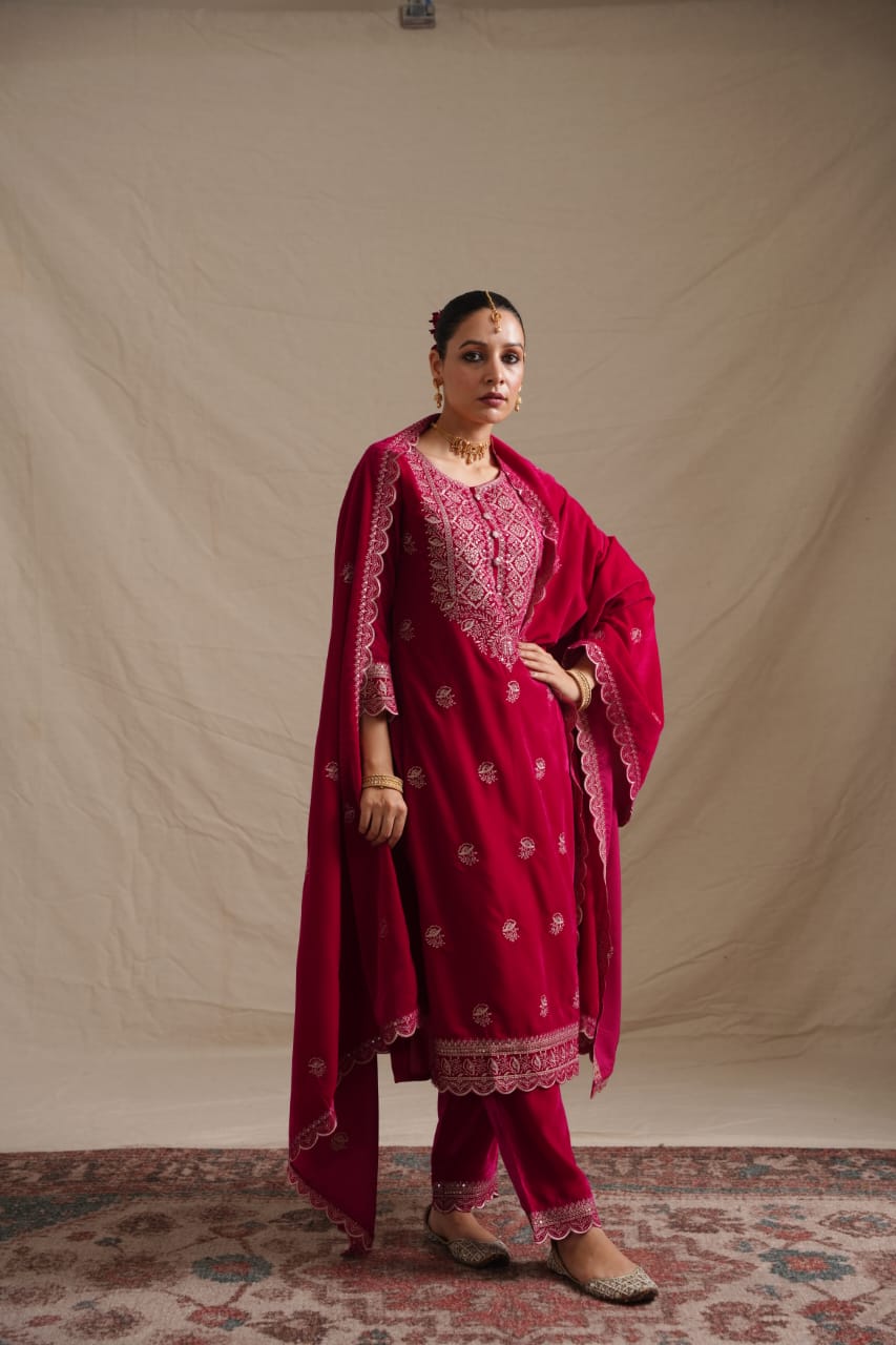 Elegant Velvet Embroidered Three-Piece Suit with Dupatta