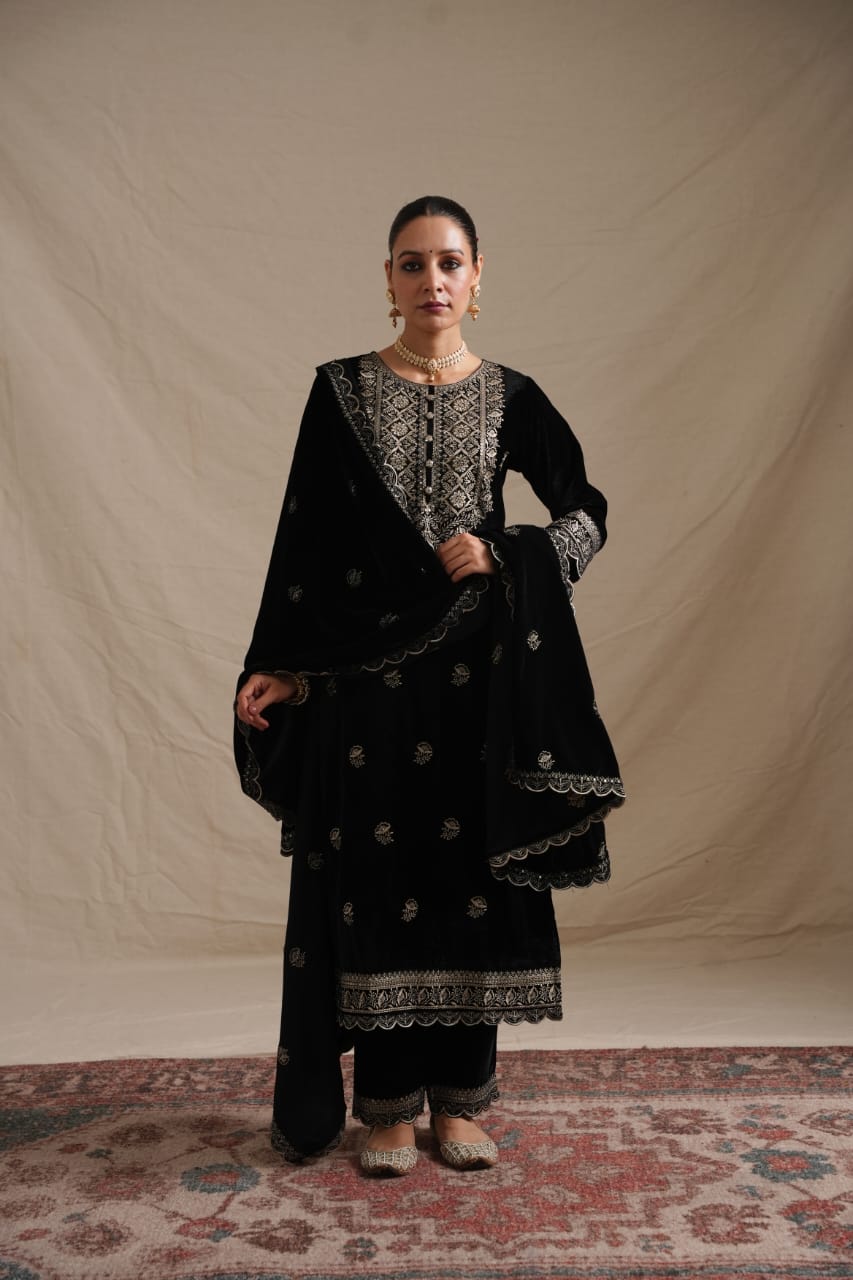 Elegant Velvet Embroidered Three-Piece Suit with Dupatta