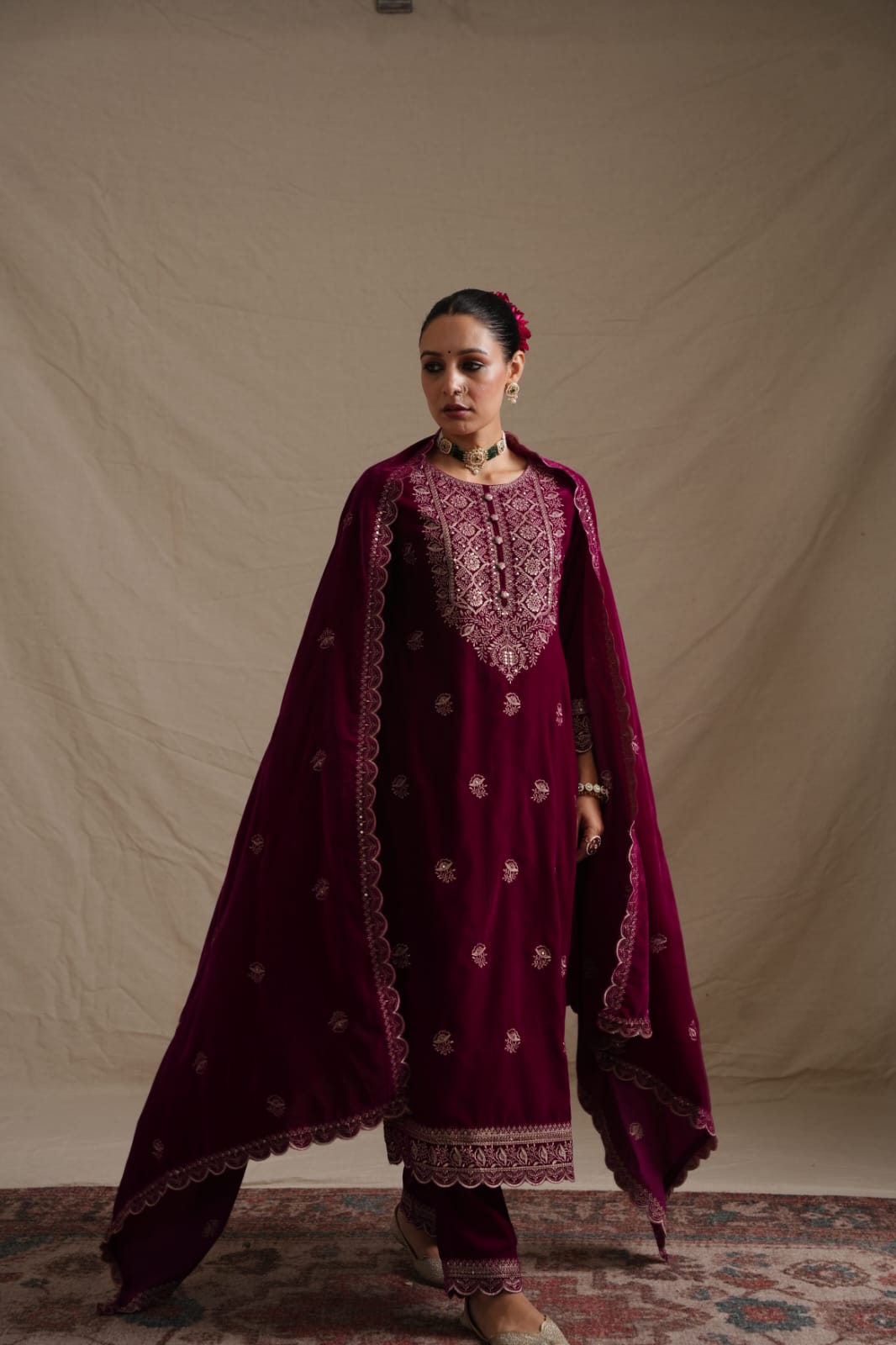 Elegant Velvet Embroidered Three-Piece Suit with Dupatta