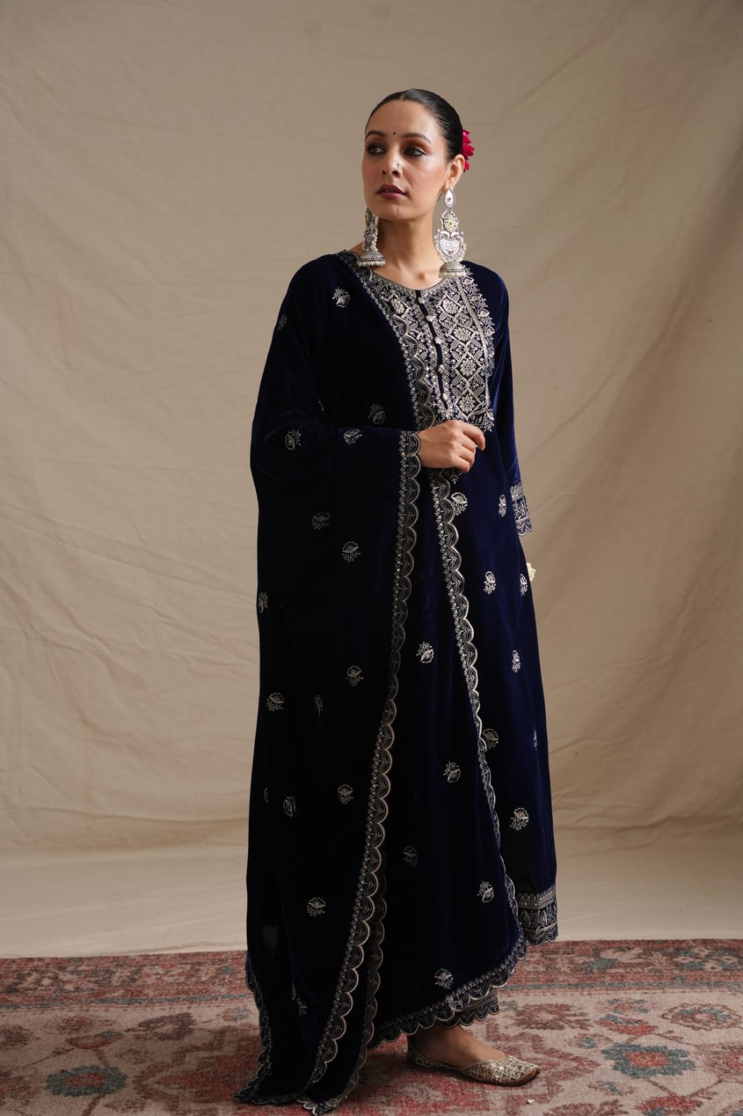 Elegant Velvet Embroidered Three-Piece Suit with Dupatta