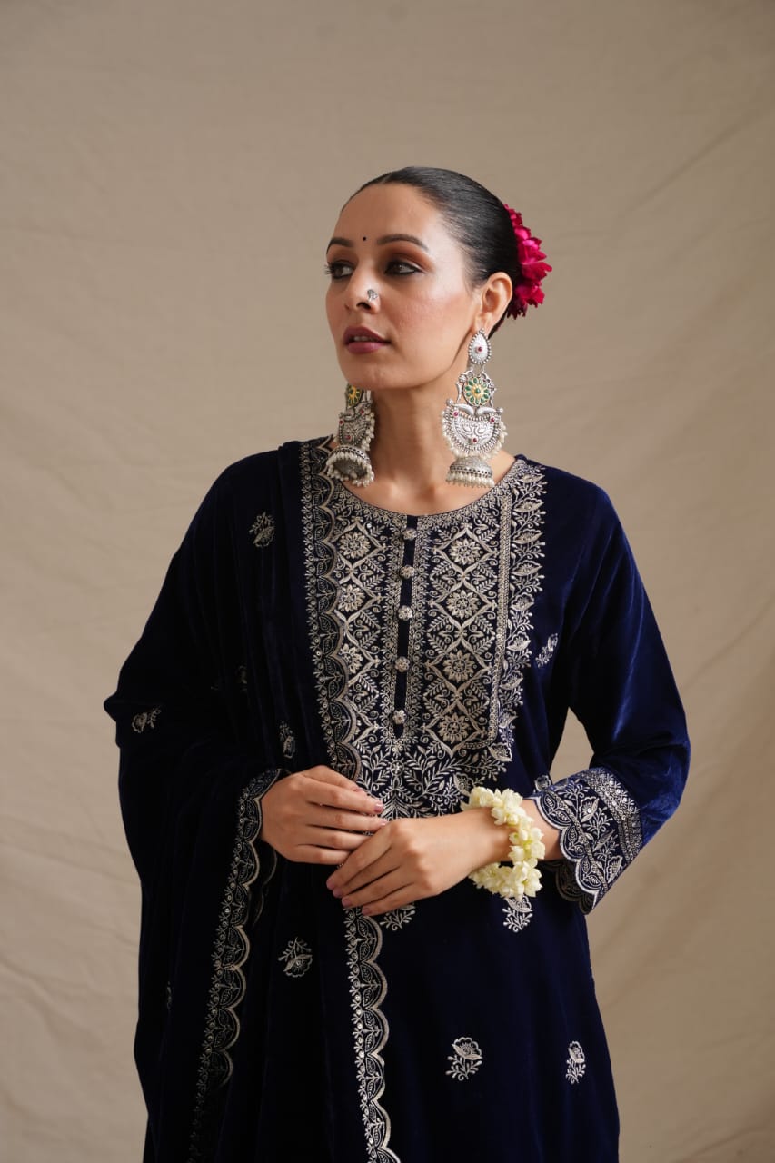 Elegant Velvet Embroidered Three-Piece Suit with Dupatta