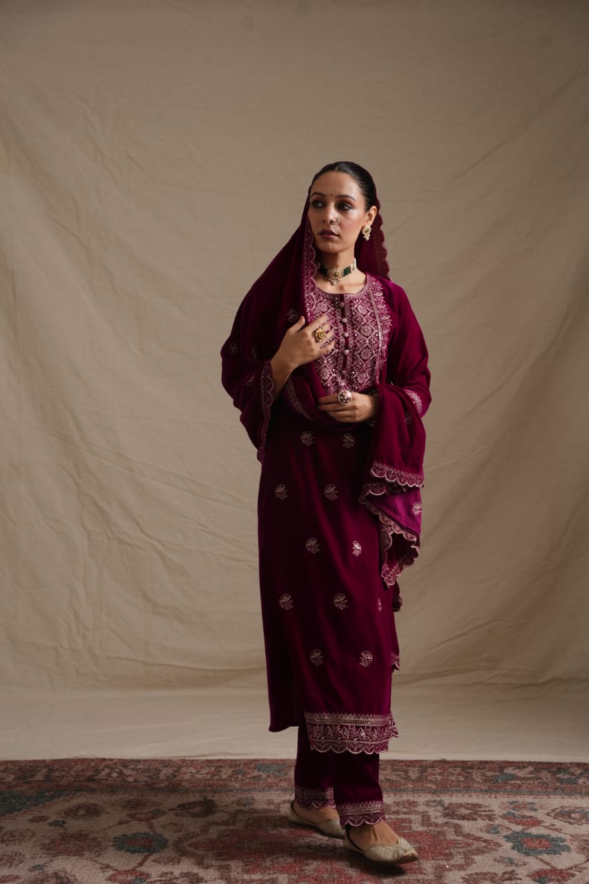 Elegant Velvet Embroidered Three-Piece Suit with Dupatta