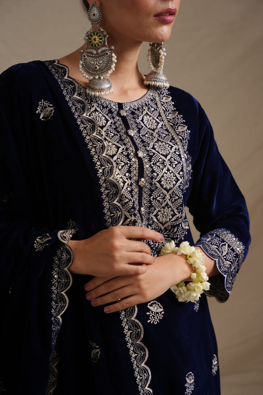 Elegant Velvet Embroidered Three-Piece Suit with Dupatta