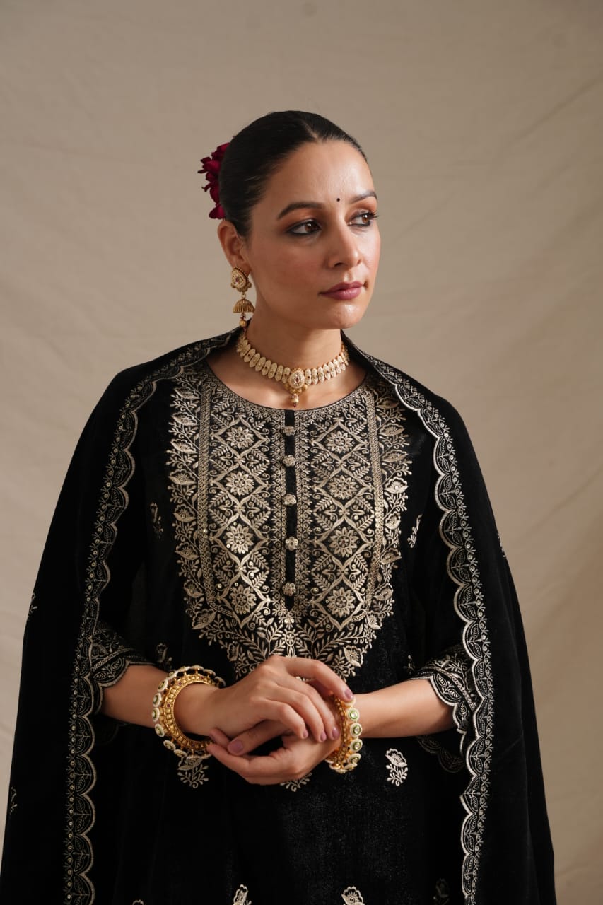 Elegant Velvet Embroidered Three-Piece Suit with Dupatta