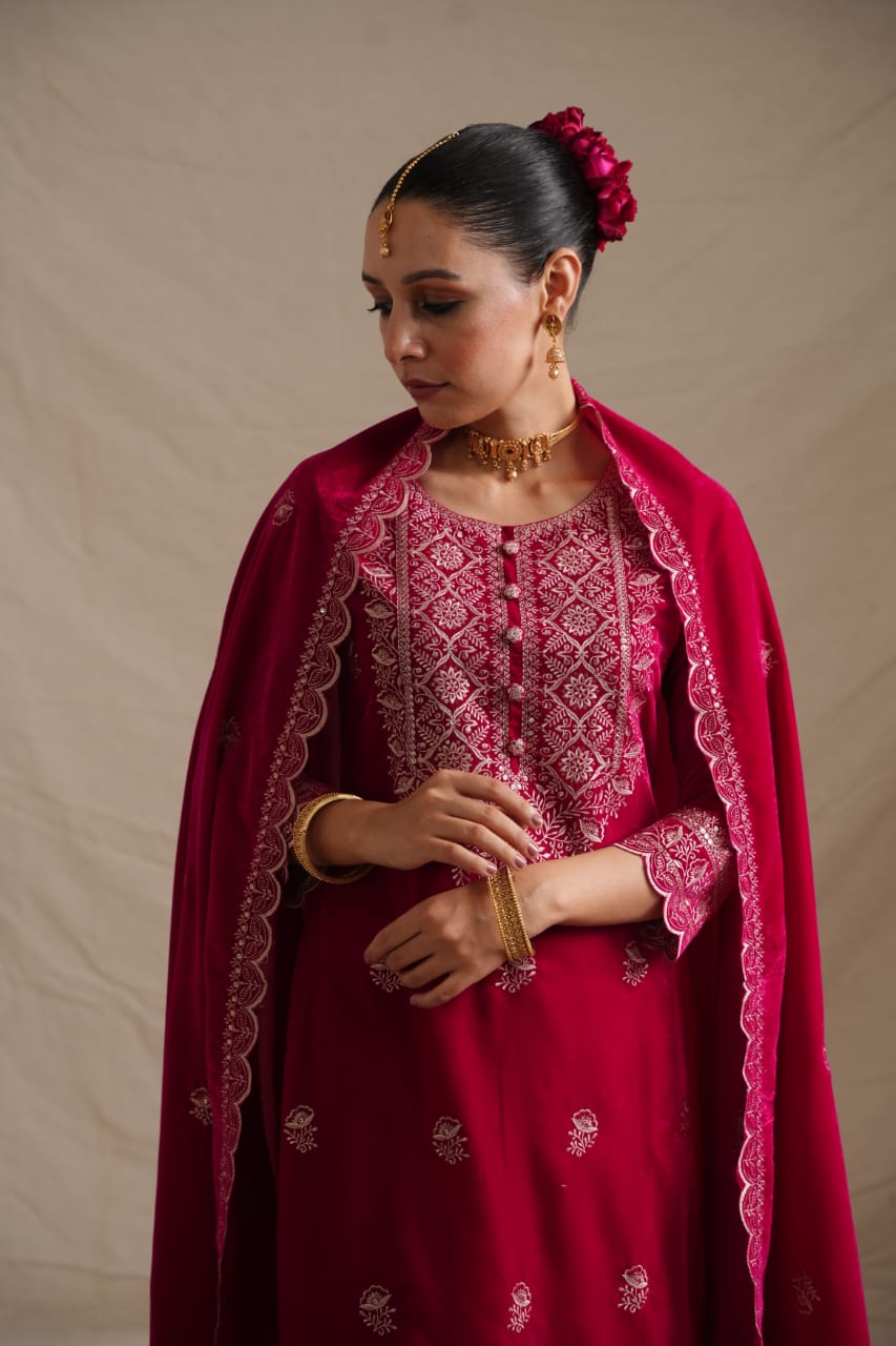 Elegant Velvet Embroidered Three-Piece Suit with Dupatta