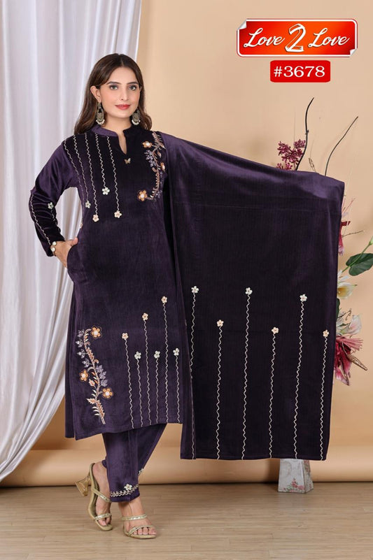 Elegant Purple Embroidered Velvet