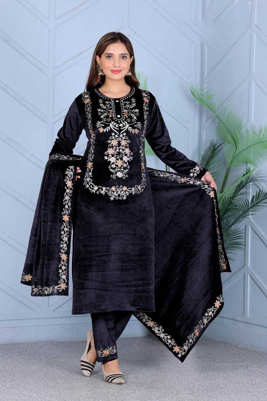 Elegant Black Embroidered Velvet