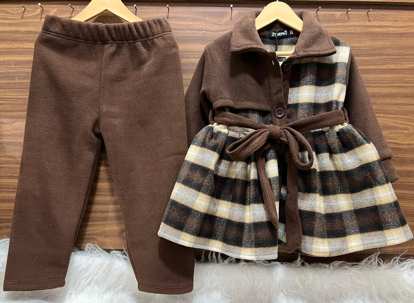 Plaid Coat and Fleece Pant Set: Perfect for Cold Days